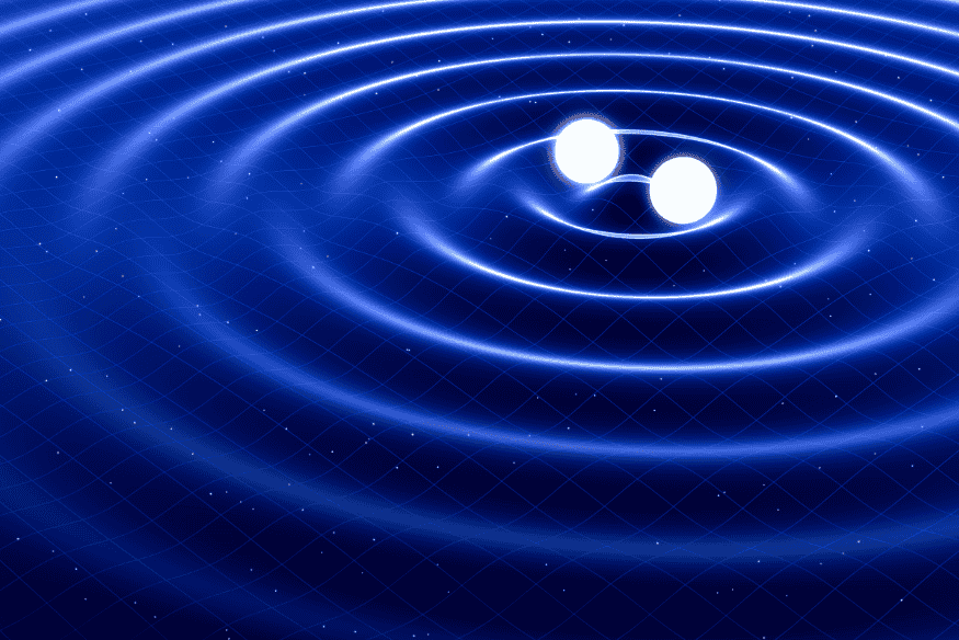 Visualização de ondas gravitacionais se propagando no espaço após fusão de estrelas.