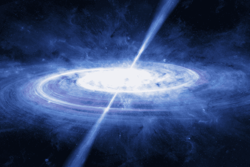 Representação de um quasar emitindo jatos de energia em alta velocidade a partir de um buraco negro supermassivo.