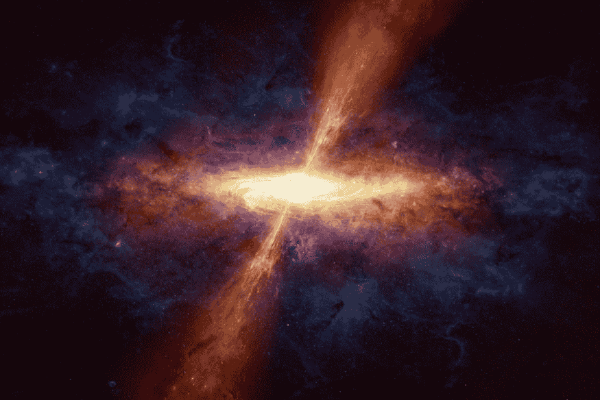 Imagem artística de quasar no centro de galáxia, liberando radiação intensa em meio a nuvens de gás cósmico.