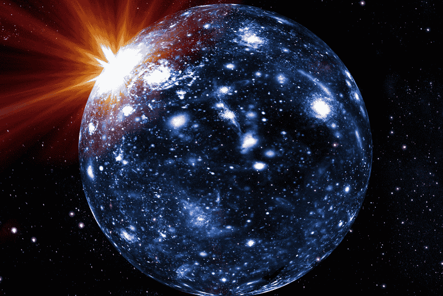 Representação artística de um universo esférico fechado com brilho na borda, indicando limites teóricos do espaço.