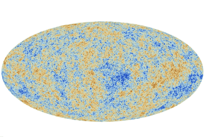 Mapa da radiação cósmica de fundo com variações de temperatura em azul e laranja, baseado em dados do satélite Planck.