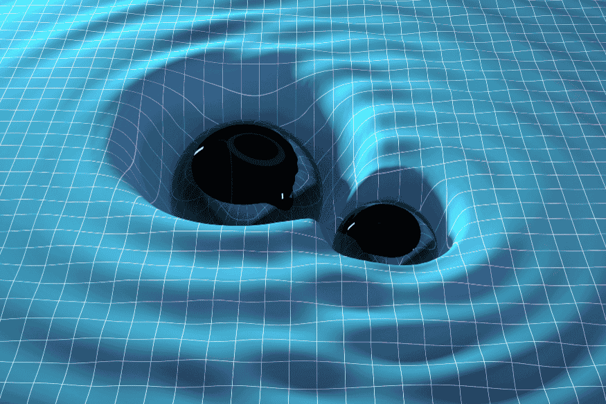 Representação visual de dois corpos massivos distorcendo a malha do espaço-tempo, ilustrando os efeitos da relatividade geral e a emissão de ondas gravitacionais.