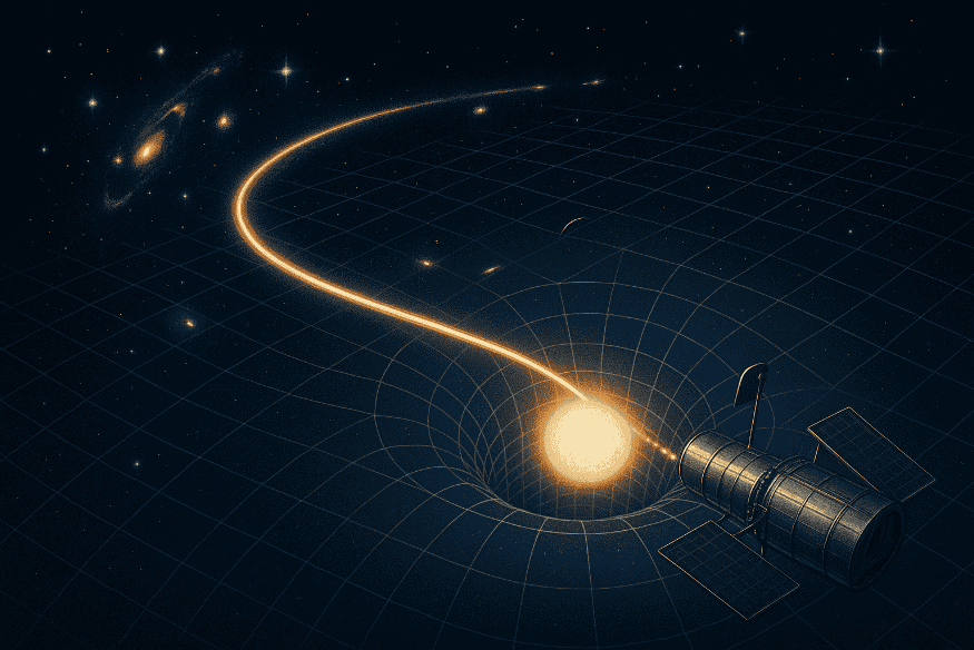 Ilustração da relatividade geral com curvatura do espaço-tempo ao redor de uma estrela, desvio da luz por lente gravitacional e telescópio observando múltiplas imagens de galáxias distantes.