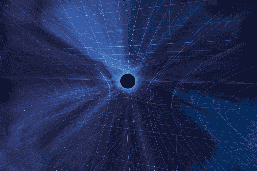 Representação visual da curvatura do espaço-tempo ao redor de um objeto massivo, com linhas distorcidas indicando a influência gravitacional.