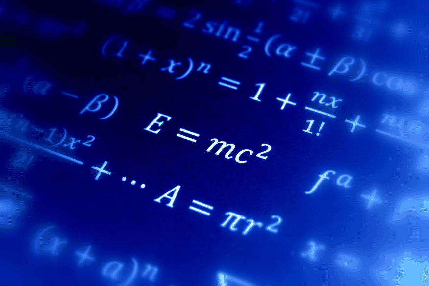 Imagem com fórmulas matemáticas e a equação E=mc² em destaque, simbolizando os princípios da relatividade e sua base teórica.