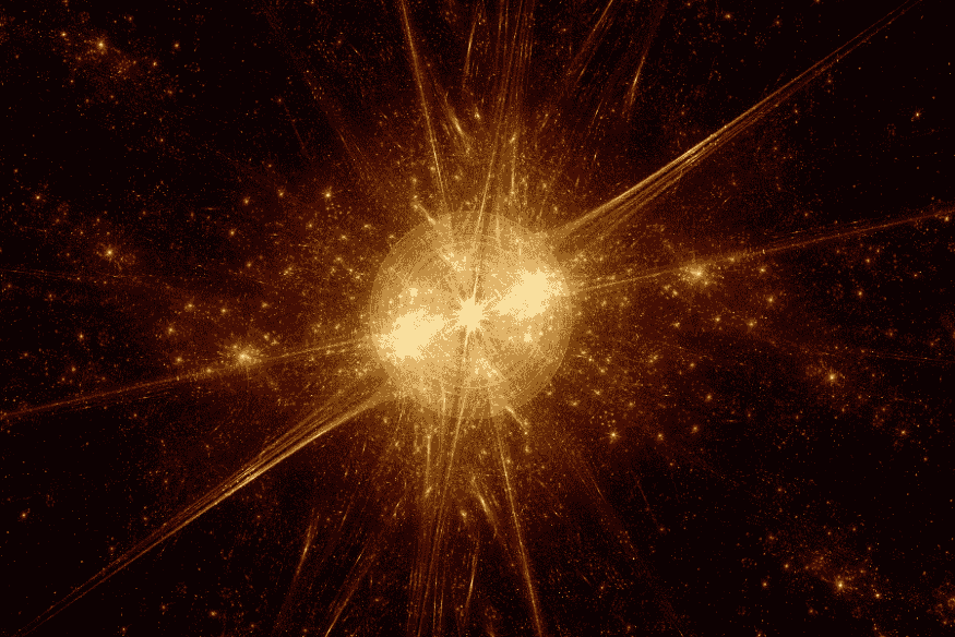 Versão artística do Big Bang com emissão de luz e partículas cósmicas em expansão.