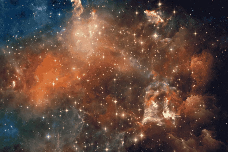 Nuvem interestelar de poeira e gás iluminada por estrelas, representando o universo primitivo.