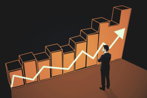 Upward bar chart with an arrow, representing interest rate growth and comparing APR vs APY