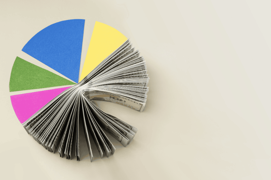 Pie chart and stacked cash illustrating diversified asset allocation and portfolio weighting for beginners