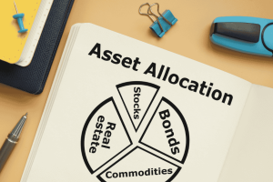Asset allocation chart showing stocks, bonds, real estate, and commodities for a simple beginner portfolio