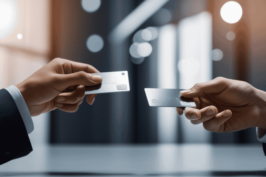 Two people exchanging credit cards, symbolizing shared access and the difference between authorized users and joint credit card holders