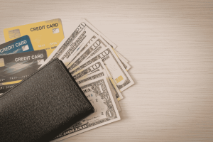 Wallet with multiple credit cards and U.S. dollar bills, representing balance transfer debt and repayment planning